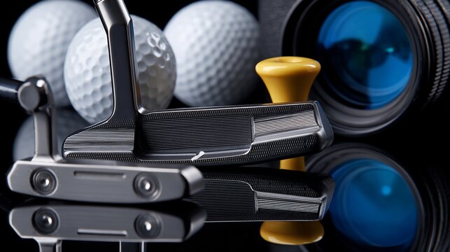 Golf Putter, balls, tee, camera lens reflect off a shiny, black surface - Powered by Adobe
