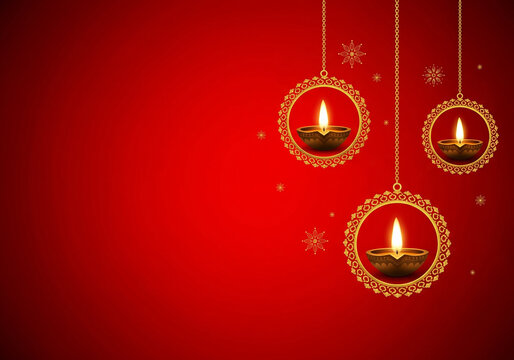 Hanging diwali diya decorations in the red background
