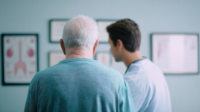 A man and a doctor are standing in front of a wall of medical posters