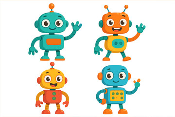 Set of cute cartoon robot characters. Friendly and colorful android mascots with happy emotions. Vector illustration for kids. Funny toy machine, futuristic ai bot collection.