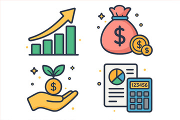 Set of financial icons. Business investment, financial growth, and accounting concepts. Money saving, budget calculation, and profit chart. Vector cartoon illustration.