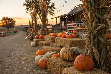 Pumpkins and corn stalks arranged at a rustic farm festival