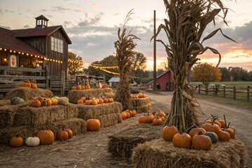 Pumpkins and corn stalks arranged at a rustic farm festival
