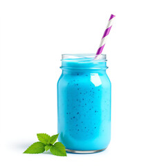 Blueberry smoothie in mason jar with straw, fruity tropical shake, organic vegan blend, healthy detox beverage, refreshing summer drink, isolated white background
