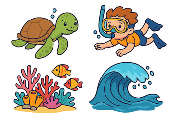 Cute cartoon ocean life set. Vector collection with a boy snorkeling, a sea turtle, a colorful coral reef with tropical fish, and a big ocean wave. Summer vacation underwater activity.