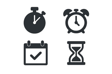 Time management vector icon set. Solid filled glyphs of stopwatch, alarm clock, calendar reminder, hourglass. For concepts of deadline, productivity, schedule, and planning.