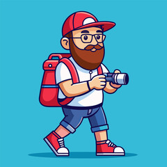 “Cartoon Vector Illustration of Bearded Traveler Man with Camera and Backpack”
