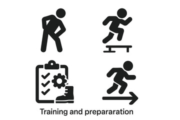 Training and preparation icon set. Solid glyphs for fitness and exercise. Includes warm-up stretch, jumping hurdles, gear checklist, and running progress vector symbols.