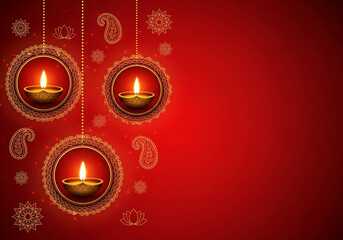 Deepavali festival Diwali diya hanging decoration in the red background
