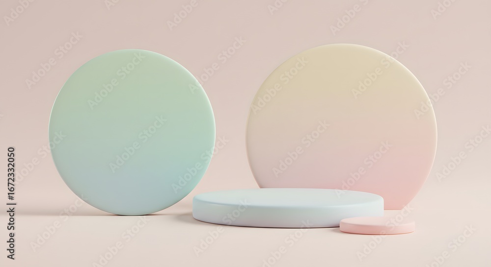 Poster pastel color gradient circular platforms minimalist product display background