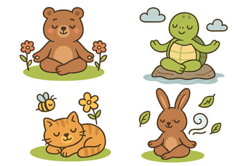 Cute cartoon animals meditating. Vector set of bear, turtle, cat, rabbit in yoga pose. Mindfulness, relaxation, stress relief concept. Zen characters in nature for wellness.