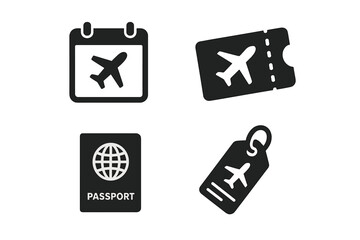 Air travel vector icon set. Solid glyph collection of flight booking calendar, airplane ticket, passport, and baggage tag. Concept for vacation, tourism, journey, and holiday.