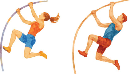Fototapeta premium Collection of watercolor painted illustration of men and women pole vault jumpers