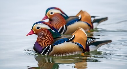 Two mandarin ducks swimming peacefully together in a serene water body on a cloudy day