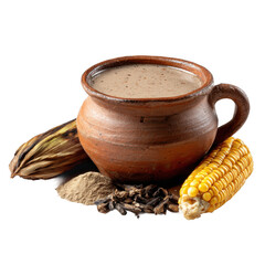 Authentic bolivian api drink in a clay cup with corn and mountains [Transparent Background PNG].