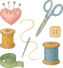 Collection of watercolor painted illustrations of sewing stuff such as needle, scissors, thread and more, each isolated