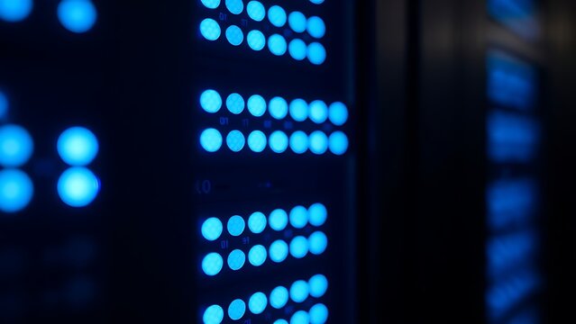 Close-up of glowing blue server rack lights creating an abstract technological pattern on a dark background.