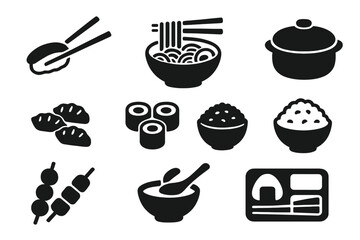 Japanese cuisine icon set. Asian food glyph symbols collection. Vector silhouette icons for restaurant menu design. Includes sushi, ramen, noodles, gyoza, onigiri, rice bowl.