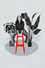 Poster banner creative photo collage of happy businessman businesswoman freelancer sit chair home...