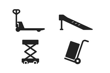 Material handling icon set. Solid glyph icons of warehouse equipment. Includes pallet jack, loading ramp, scissor lift, and hand truck. Logistics & transport vector symbols.