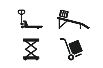 Material handling equipment vector icon set. Solid pictograms for logistics, warehouse, and shipping. Includes pallet jack, scissor lift, loading ramp, and hand truck dolly.