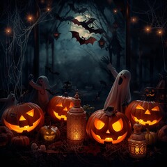 Pumpkin lanterns Halloween night decoration glowing candles autumn leaves spooky scene