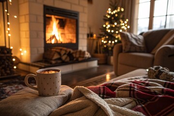 Fototapeta premium A cozy living room with glowing fire, hot cocoa, and blankets