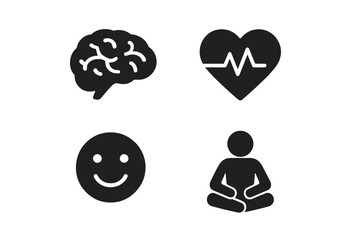 Mental wellness icon set. Solid glyph icons for psychology and mental health. Brain, mind, heart rate, happy emoji, and meditation pose. Vector graphic for mindfulness and wellbeing.