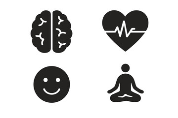 Mental wellness solid icon set. Psychology, health, and emotion concept. Brain, heart beat, meditation and happy face symbols. Mindfulness, balance and mental health vector pack.