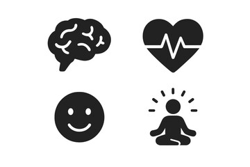 Mental wellness icon set. Solid glyphs for psychology and health concepts. Brain, heartbeat, happy face, and mindfulness meditation symbols. Vector for emotional wellbeing.