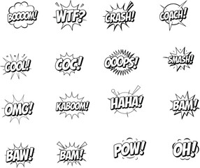 Comic sound effect text set with speech bubbles, black and white pop art expressions, cartoon explosion words vector illustration