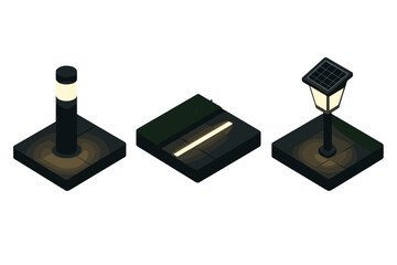 Night illumination icon set. Isometric vector illustration of outdoor sidewalk and garden lights. Bollard lamp, embedded LED strip light and street lantern with solar panel.