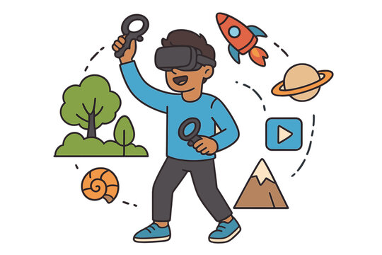 Boy in VR headset explores immersive worlds. Virtual reality technology for gaming, education. Interactive experience in metaverse. Vector cartoon illustration concept character.