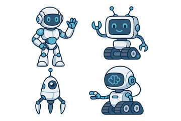 Set of cute robot characters. Cartoon android mascot collection. Robotics, future technology, AI, chatbot, and cyborg concepts. Vector illustration for machine learning design.