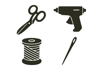 Vintage Sewing Tools Icons Solid Filled Set with Fabric Scissors Glue Gun Thread Spool Needle Vector Illustration Transparent