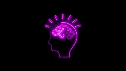Glowing neon illustration of human head showing brain and idea concept on black background