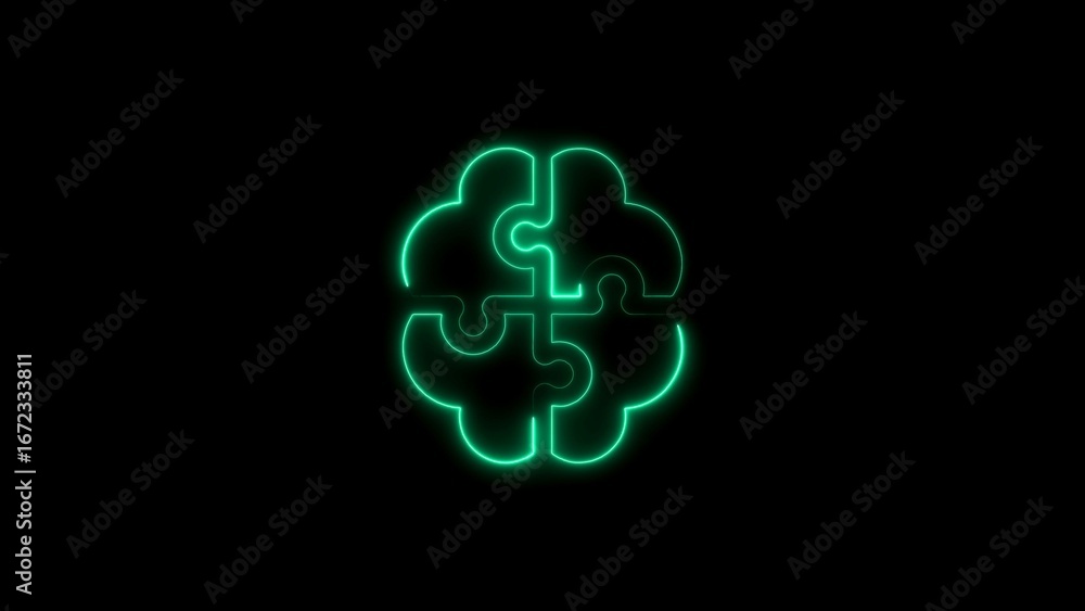 Poster neon brain puzzle concept illustrating problem solving intelligence and creativity