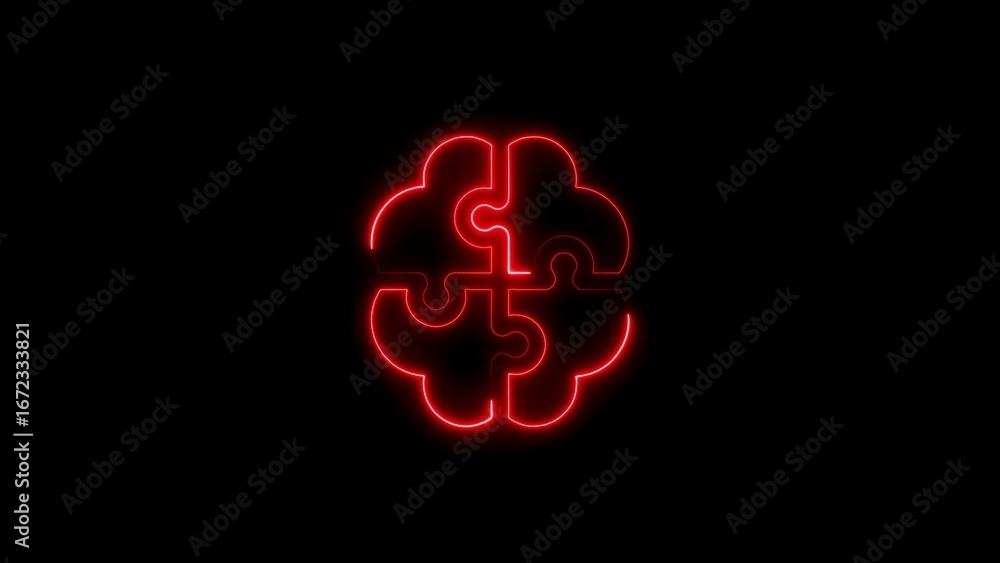 Poster glowing neon brain puzzle symbolic representation of thinking and problem solving