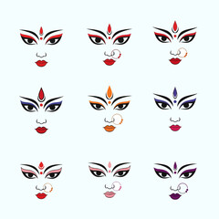 Collection of colorful Maa Durga face icons for Navratri festival.
