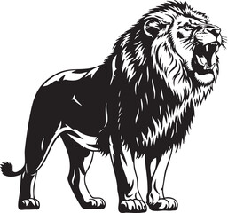 A black and white illustration of a roaring lion standing against a clean white background with bold lines and shading.