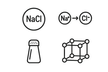 Salt chemistry icons outline set with NaCl molecule, ionic bond diagram, crystal unit cell structure, science and chemistry vector illustration on transparent background