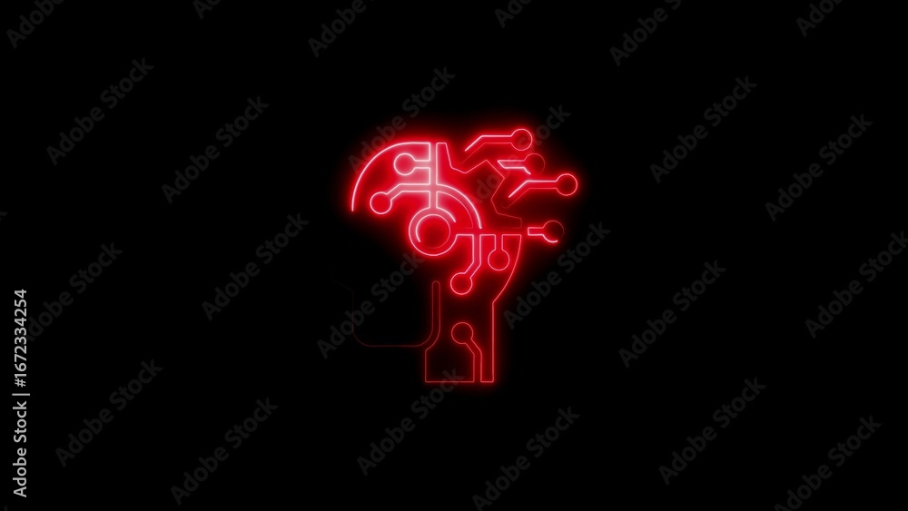 Poster illuminated red neon brain signifying artificial intelligence and technology advancement