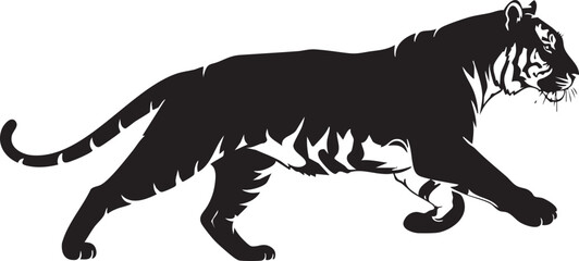 Black silhouette of a tiger walking on a white background
