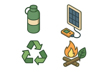 Sustainable Camping Icons, Isometric Flat Vector Set of Eco-Friendly Outdoor Practices, Reusable Water Bottle, Solar Charger, Recycling Symbol, Campfire with Leaf, Green Nature Conservation
