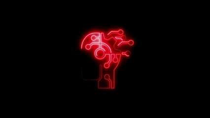 Illuminated red neon brain signifying artificial intelligence and technology advancement