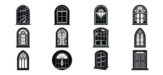 Collection of Ornate Gothic Style Windows in Black and White Vector Illustration