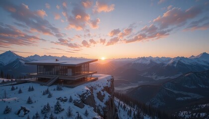 Elevated View of Modern Structure on Snowy Mountain at Sunset