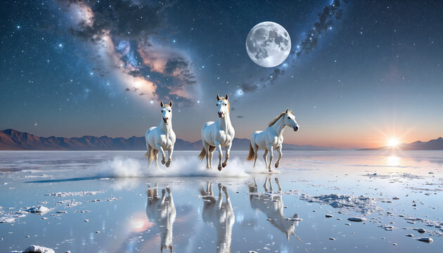 Majestic White Horses Galloping Under Full Moon & Starry Milky Way Sky. Wild horses splashing in reflective water at dawn/dusk, a surreal and ethereal nature scene.