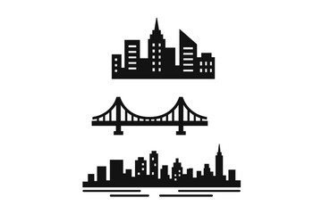 Fototapeta premium Urban skyline icons set with high-rise cityscape, modern bridge silhouette, waterfront city skyline panorama, flat vector illustration on transparent background