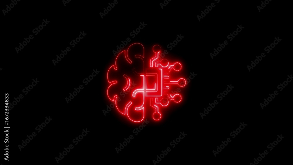 Poster artificial intelligence and brain concept represented by a glowing neon red circuitry